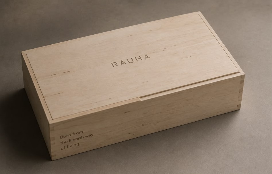 A pale birch slide-lid box, RAUHA engraved into the lid