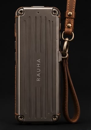 The machined aluminium back of the device, RAUHA engraved, leather strap attached