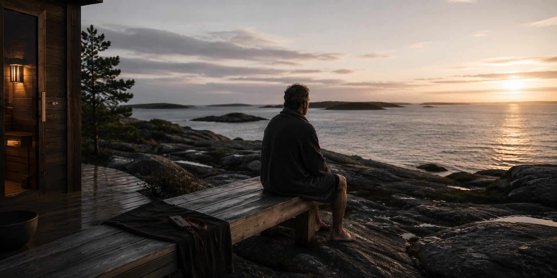 Evening light over the Finnish archipelago, a sauna on the rocks at the water's edge