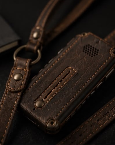 Brass hardware and hand-stitched full-grain leather at close range